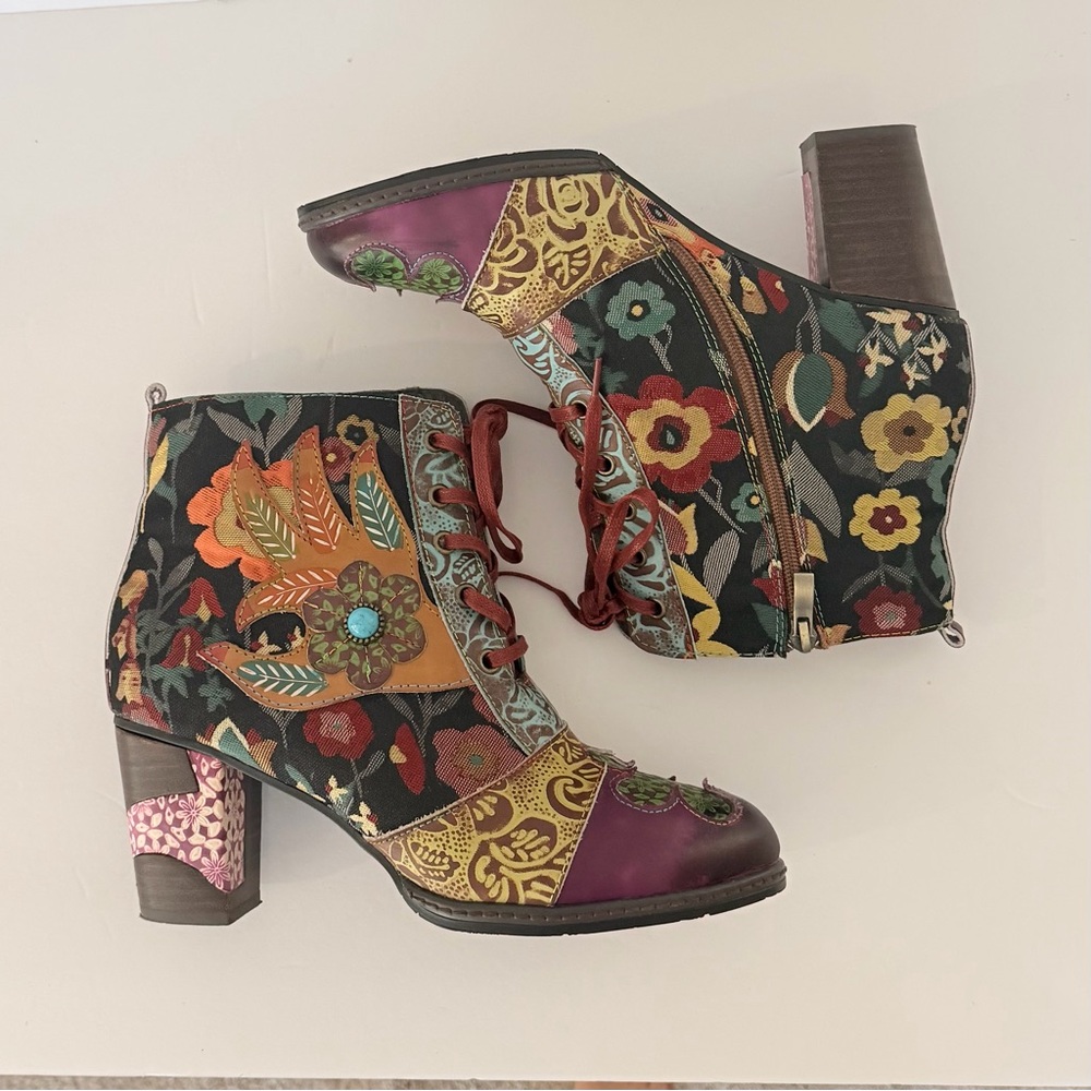 Floral Embellished Heeled Ankle Boots Gracosy leather and fabric EU 41 - Picture 4 of 6